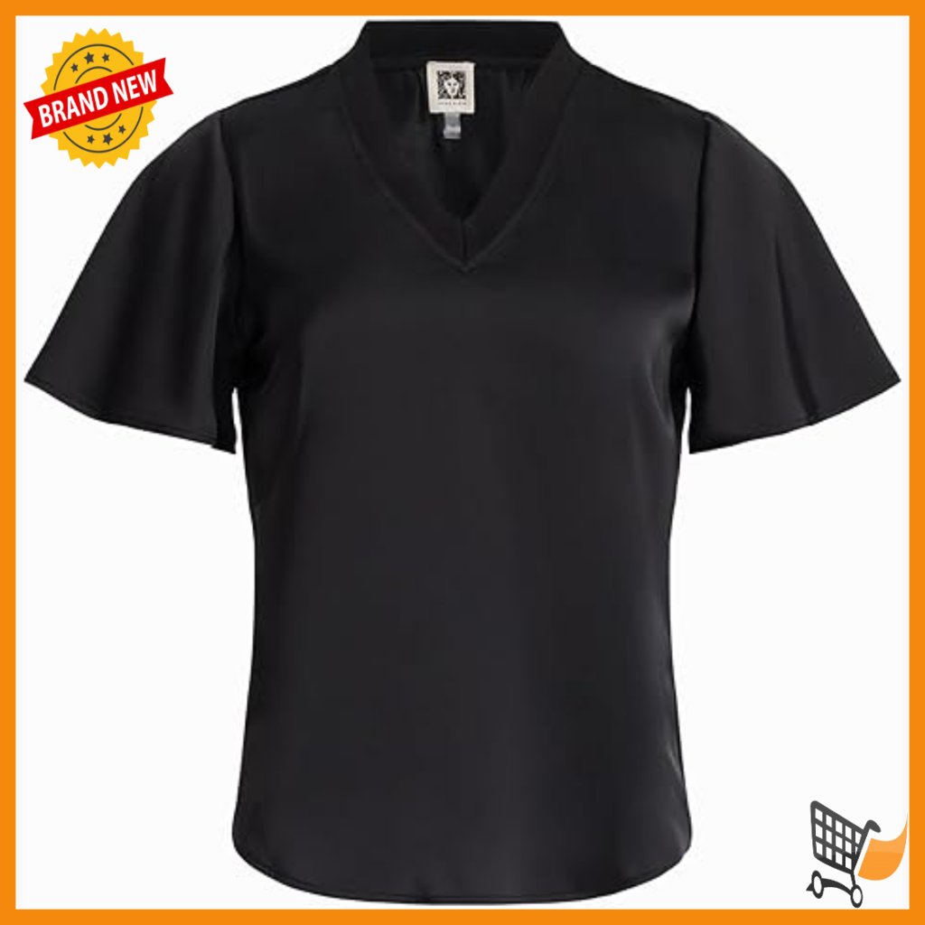 Flutter Sleeve Satin V-Neck Blouse Regular Fit Polyester Blend